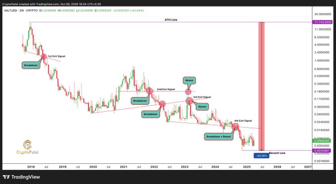 A TradingView chart for SALTUSO displayed on CryptoPatel shows a long-term downtrend with multiple 'Breakdown,' 'Retest,' and 'Exit Signal' annotations, pointing toward a '90-95% Bottom' projection around 2025.