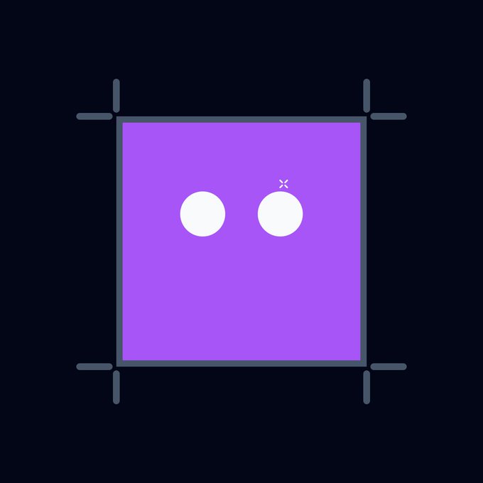 A simple digital illustration of a purple square with two white circular eyes, one marked with a small cross, on a dark navy background.