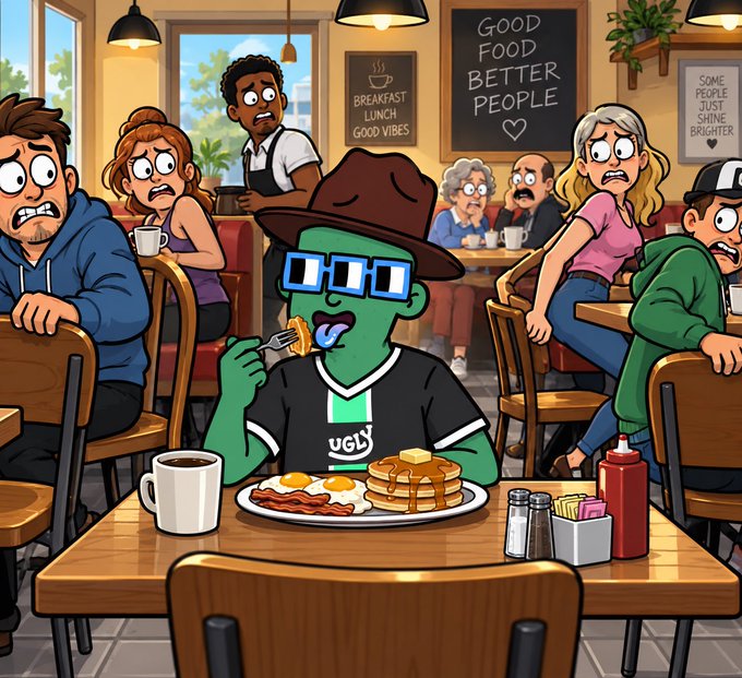 A cartoon illustration shows a green-skinned character with blue sunglasses and a brown hat eating pancakes and eggs in a diner, while the surrounding patrons look on in shock and confusion.