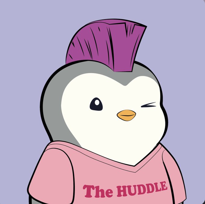 A cartoon penguin character with a purple mohawk winks while wearing a pink shirt that reads "The HUDDLE" against a purple background.
