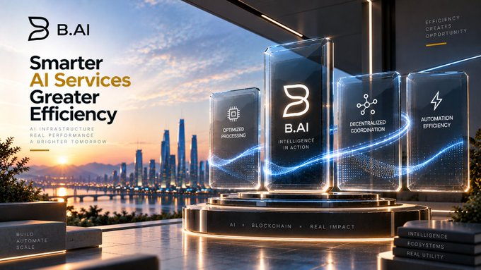 Promotional graphic for B.AI highlighting 'Smarter AI Services, Greater Efficiency' with four glass pillars labeled 'Optimized Processing', 'Intelligence in Action', 'Decentralized Coordination', and 'Automation Efficiency'.