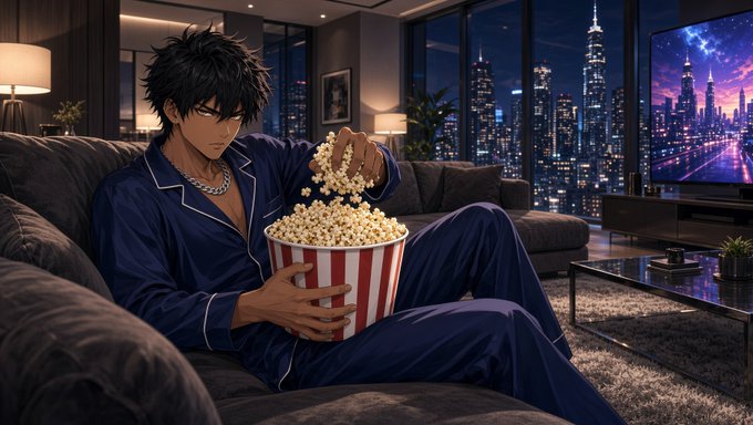 An anime illustration of a dark-haired man in blue pajamas sitting on a couch eating popcorn from a striped bucket, with a nighttime cityscape visible through the windows behind him.