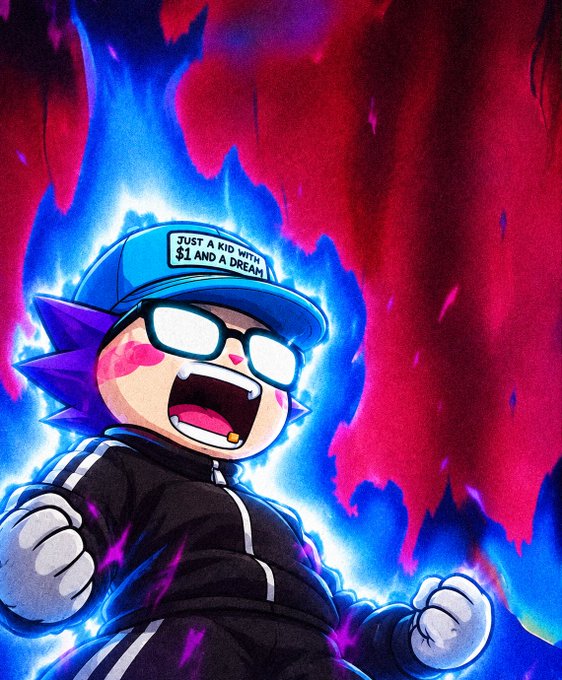 An anime-style character with spiky blue hair wearing a cap that reads 'JUST A KID WITH $1 AND A DREAM,' surrounded by blue and red flames.