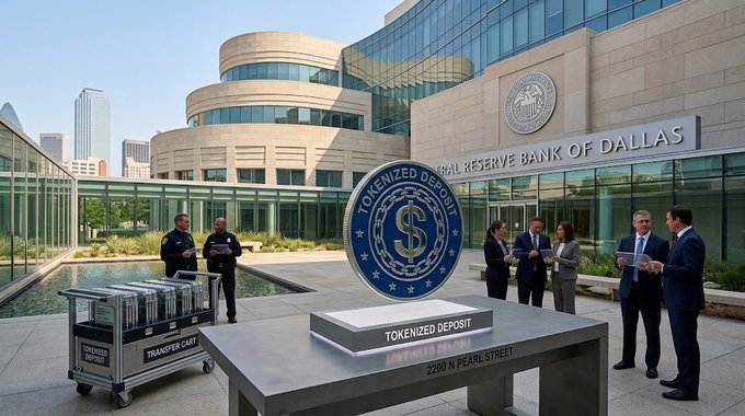 Image showing people in business attire gathered outside the Federal Reserve Bank of Dallas building at 2200 N Pearl Street, with a large 'TOKENIZED DEPOSIT' coin sculpture on a table and a transfer cart nearby.