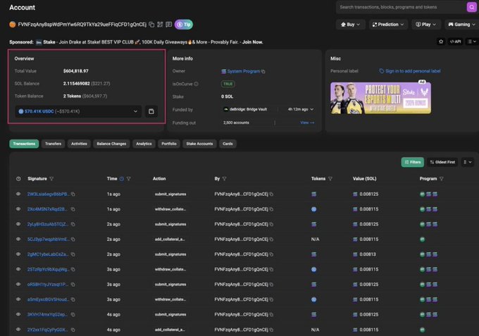 A Solana blockchain account dashboard showing a total value of $604,818.97, a SOL balance of 2.115469082, and a transaction history list with a highlighted public key 'FYNFrqAiyBzpWSPmYvsRQ9TkYq29wFFiqCFD1gQnCEj' showing $670.41K USDC.