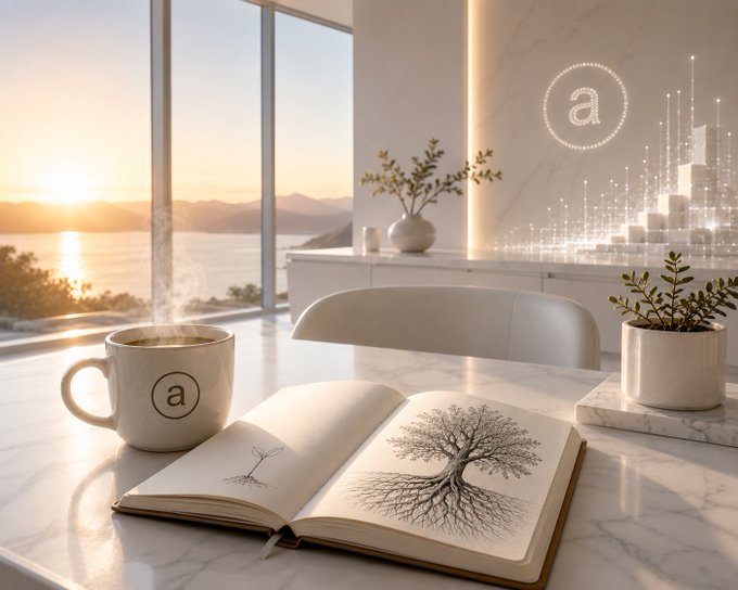 The image features an open book with a tree drawing on its pages, placed on a table next to a coffee cup. The scene takes place near a window overlooking a body of water, suggesting a serene environment for reading or contemplation. A plant is also present in the room, adding a touch of nature and tranquility to the space. The post reads "Good Morning The market will do what it does. Green days, red days, sideways days. I’m just happy to keep focusing on the bigger picture and quietly building my position in Arweave."