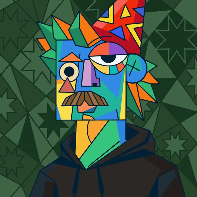 A colorful cubist-style digital portrait featuring geometric shapes forming a face with one large eye, a mustache, and spiky multicolored hair against a green patterned background.