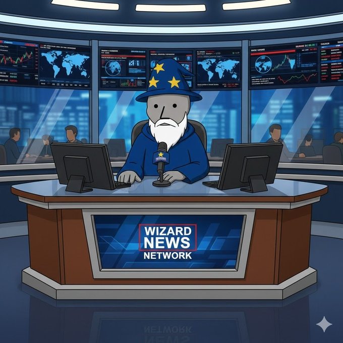 A cartoon wizard news anchor wearing a star-patterned blue hat sits at a "Wizard News Network" desk with monitors displaying world maps and market charts in the background. The image humorously pairs with the post about Michael Saylor's Bitcoin trading strategy—selling at $60K and buying at $80K—satirizing the wizard-like "foresight" needed to make such counterintuitive market calls.
