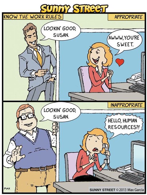 The image is a two-panel "Sunny Street" comic by Max Garcia showing the difference between appropriate and inappropriate workplace compliments: in the "Appropriate" panel, an attractive male coworker tells Susan "Lookin' good," and she responds happily with "Aww, you're sweet." In the "Inappropriate" panel, an unattractive male coworker gives the same compliment, prompting Susan to call HR in shock.

The comic humorously illustrates how identical comments can land differently based on the speaker's appearance, serving as a lighthearted visual metaphor for how market participants may perceive similar proposals differently depending on who's pitching them—relevant to the post's argument that Hyperliquid should acquire Gemini, where the proposal's reception may depend on how it's framed and by whom.
