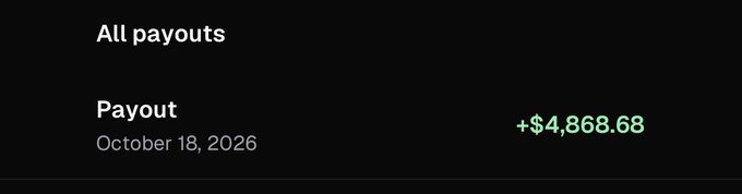 The image shows a dark-themed payout screen displaying a single "Payout" entry dated October 18, 2026, for the amount of +$4,868.68. This screenshot serves as proof of earnings from the @PumpfunEco app, supporting the post's boast about a successful payday.