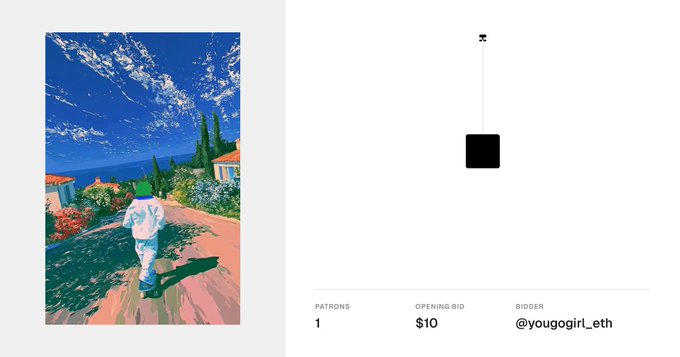 An NFT auction listing showing an anime-style illustration of a figure walking in a Mediterranean landscape, with 'PATRONS 1', 'OPENING BID $10', and 'BIDDER @yougogirl_eth' displayed.