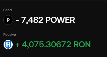 Screenshot of a cryptocurrency exchange interface showing a Send/Receive transaction of 7,482 POWER for 4,075.30672 RON.
