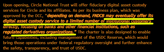 A text snippet highlighting an OCC-approved business plan in which Circle National Trust (FNDCB) may offer its digital asset custody service to institutional customers such as banks and regulated derivatives organizations, directly tying into the post's point about Circle's $CRCL trust bank entering the institutional custody business.