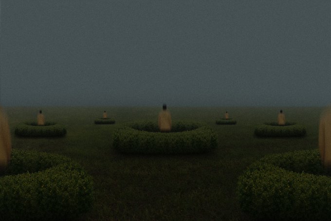 A dark, atmospheric photograph of a topiary maze featuring circular hedges with small statues or figures positioned in the center of each circular opening, set under a deep blue night sky.
