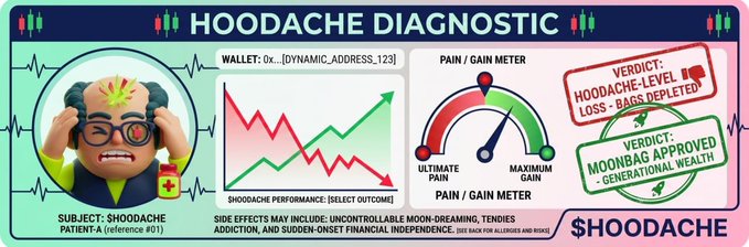 A humorous crypto diagnostic chart titled "HOODACHE DIAGNOSTIC" showing a distressed cartoon character, wallet address, and pain/gain meter with verdicts of "HOODACHE-LEVEL LOSS" and "MOONBAG APPROVED GENERATIONAL WEALTH," tagged with $HOODACHE.