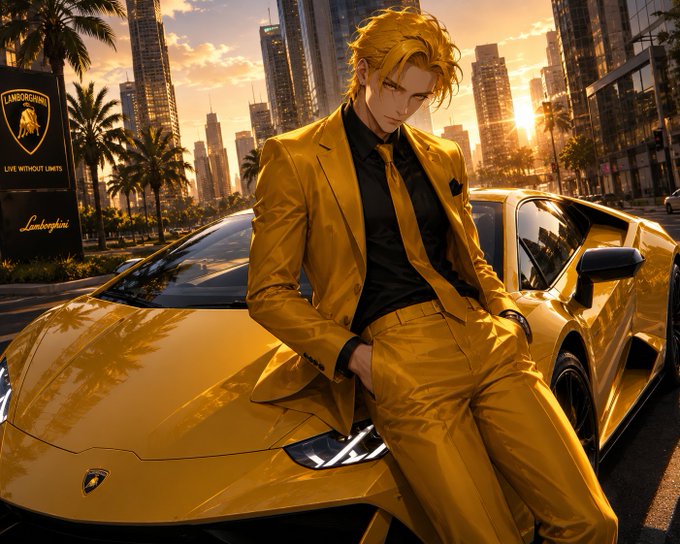 The image features a man dressed in a yellow suit, standing next to a yellow Lamborghini sports car with its hood open. The man appears to be posing for the photo while wearing his suit and tie. The background of the image shows tall buildings, suggesting that they are located in an urban setting or near a city center.