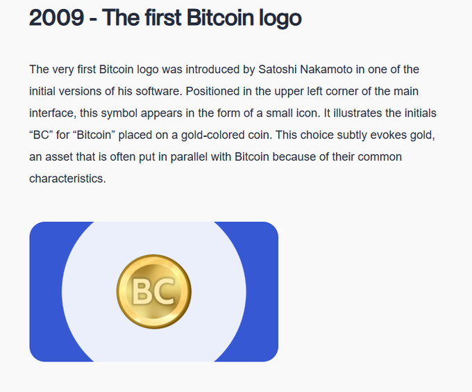An informational graphic titled '2009 - The first Bitcoin logo' with text describing Satoshi Nakamoto's initial 'BC' coin design and an accompanying illustration.