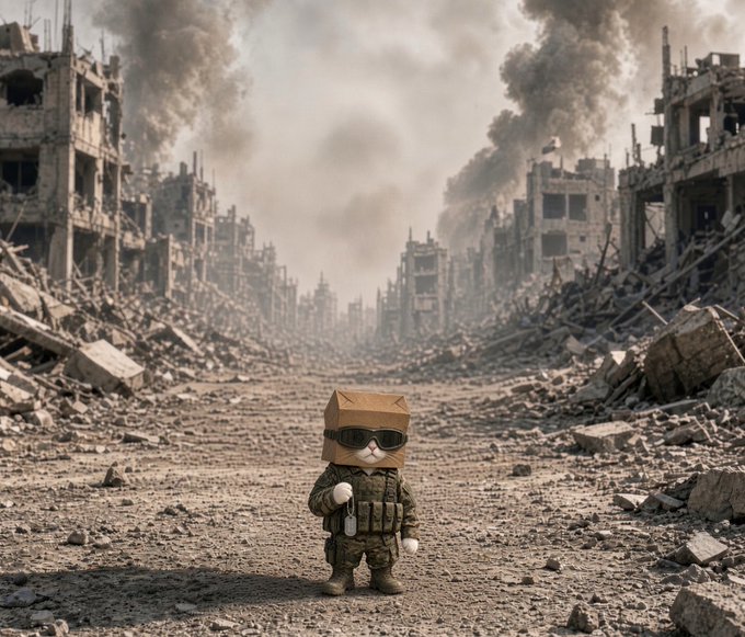A small cardboard box-headed figurine dressed in military gear with sunglasses, standing in a post-apocalyptic ruined cityscape with destroyed buildings and smoke rising in the background.