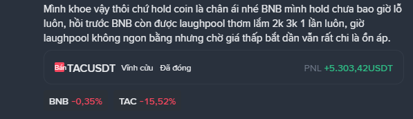 A social media post in Vietnamese discusses holding BNB coin, showing a TACUSDT pair with red price changes (-0.35% BNB, -15.52% TAC) and a profit of +5,303.42 USDT.