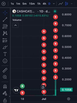 A TradingView chart shows CASHCAT's 1-day price surging from approximately $0.10 to $0.80, with a series of "S" (sell) markers indicating massive profit-taking, while the bottom row reveals an early "B" (buy) signal followed by sells, visually corroborating the post's claim of a trader turning $51 into approximately $1 million on the token.