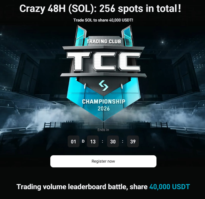 The image features a website with an advertisement for a trading event, specifically focusing on a leaderboard involving trading stocks, pools of shares or cryptocurrencies like Bitcoin. The main text on the screen reads "Hìn qua lướt mới thấy Bitget đang có cái Crazy 48H cho SOL Theo e Lens thử, vì ngoài trade có chia cho pool 40,000 USDT để chia loạng. Hìn qua lướt mới thấy Bitget đang có cái Crazy 48H cho SOL tho e Lens thử. Top 1 mới khoảng 600k USBT buy volume." The website's URL is also visible in the top right corner, along with "Trade Club: Trading Club".
