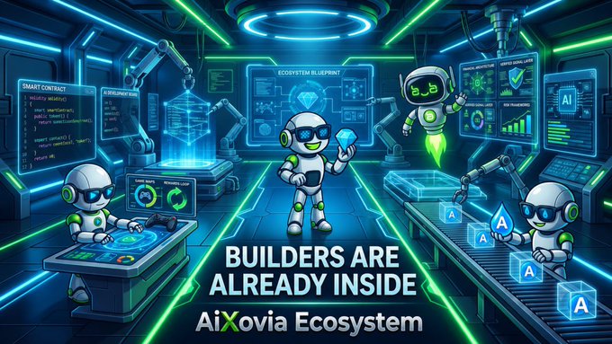 An AiXovia Ecosystem promotional image showing cartoon robots working in a high-tech facility with screens displaying smart contracts, blueprints, and AI elements, captioned 'BUILDERS ARE ALREADY INSIDE'.