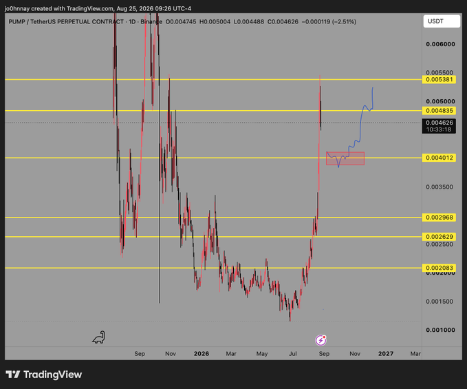 A TradingView chart of $PUMP/TetherUS perpetual contract (1D, Binance) showing price consolidating around 0.004626 USDT, with a blue arrow projecting a potential rally toward the 0.005381 resistance level—suggesting an ideal re-entry point if the price holds this support zone.