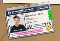 A 'Department of FOMO' visitor badge features a photo of a man with the name 'Morsalin13859' and a January 18, 2026 date.