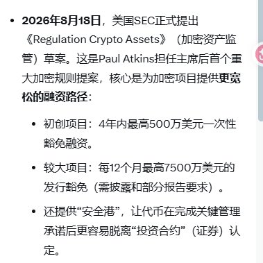 The image shows a Chinese text slide dated August 18, 2026, announcing that the U.S. SEC officially proposed the "Regulation Crypto Assets" draft, led by Chairman Paul Atkins, which provides a more relaxed financing path for crypto projects—offering up to $5 million in one-time exempt financing for startups within 4 years and up to $75 million every 12 months for larger projects, along with a "safe harbor" provision for token "investment contracts."