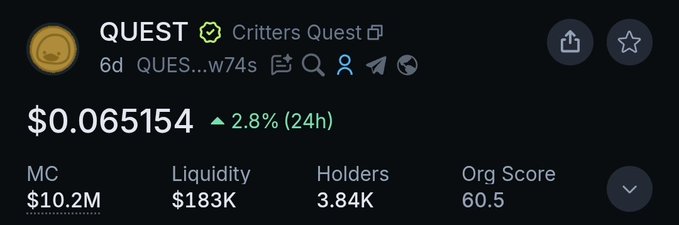 A token tracking dashboard displays Critters Quest (QUES) trading at $0.065154, up 2.8% in 24 hours, with a $10.2M market cap, $183K liquidity, and 3.84K holders, confirming the project's verified status on Jupiter ahead of its launch tomorrow.