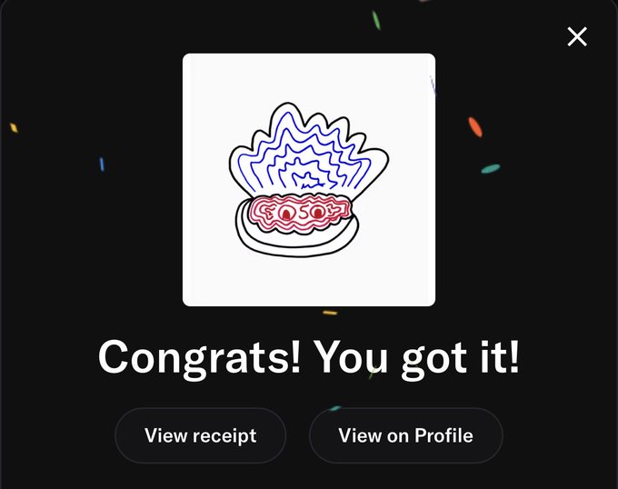 A digital NFT-style collectible notification showing 'Congrats! You got it!' with an abstract blue and red logo design and options to 'View receipt' or 'View on Profile'.