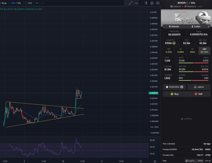 A cryptocurrency trading chart showing the BORDR / SOL pair with an ascending triangle pattern breakout, displaying a price of $0.002970 and a market cap of $2.9M.