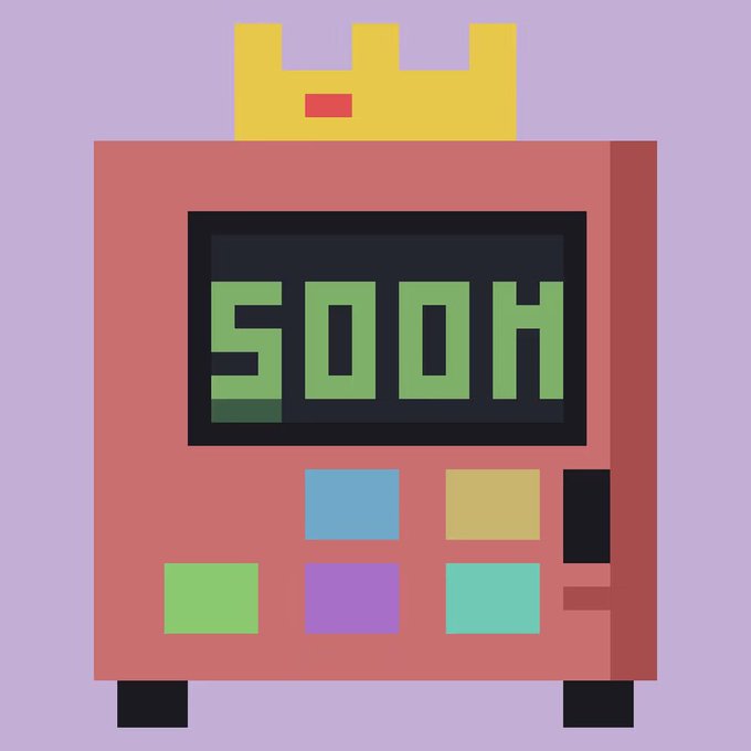 A digital illustration of a pixelated, red, slot machine-like character with a yellow crown and 'SOON' displayed on its screen.