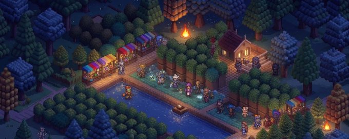 An isometric pixel-art scene shows a charming village festival by a river at night, with market stalls, lanterns, and various characters gathered together.