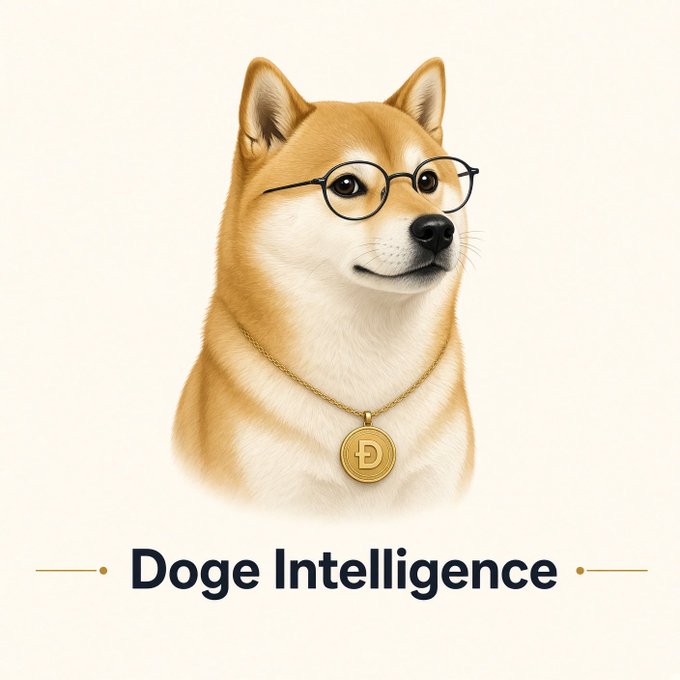 A logo illustration of a Shiba Inu dog wearing round glasses and a gold Dogecoin (D) pendant necklace, with the text 'Doge Intelligence' displayed below on a cream background.