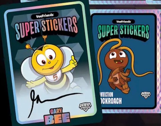Two VeeFriends 'Super Stickers' trading cards are displayed: 'Gary Bee' on the left with a signature and 'Conviction Cockroach' on the right.