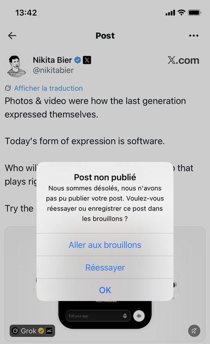 A smartphone screenshot showing an X (Twitter) post by Nikita Bier (@nikitabier) with text about software being today's form of expression, overlaid with a French error popup reading 'Post non publié' offering options to go to drafts, retry, or OK.
