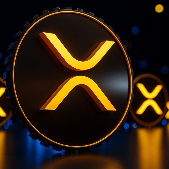 3D rendering of a golden XRP (Ripple) cryptocurrency coin logo against a dark blue background with bokeh lights and additional coins in the background.