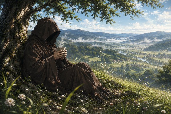 A hooded figure in a brown cloak sitting under a tree on a hillside, holding a steaming cup while overlooking a misty valley with a winding river.