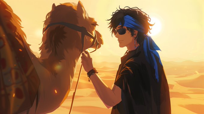 Anime-style artwork showing a man with a blue headband and sunglasses petting a camel's head against a desert sunset backdrop.