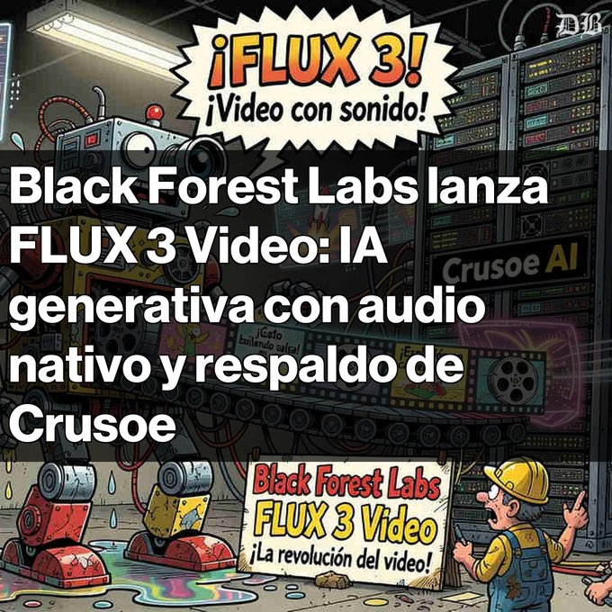 A Spanish-language promotional graphic announcing 'Black Forest Labs lanza FLUX 3 Video: IA generativa con audio nativo y respaldo de Crusoe AI' featuring a cartoon worker and robots.