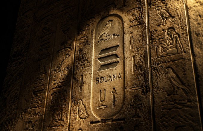An Egyptian-themed illustration featuring a golden stone tablet with hieroglyphics and a central cartouche containing the Solana (SOL) logo, surrounded by carved birds and figures.