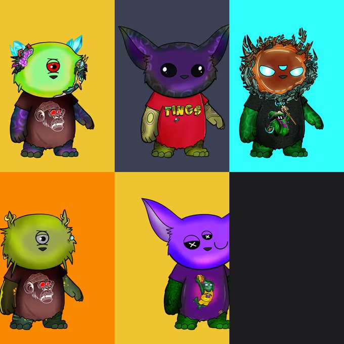A grid of five cartoon-style NFT characters with colorful designs, including creatures with one eye, multiple eyes, and X-shaped eyes, each wearing graphic t-shirts in purple, red, and dark colors.