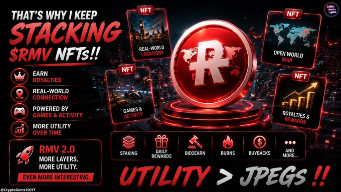 The image is a promotional graphic for $RMV NFTs, featuring bold text reading "THAT'S WHY I KEEP STACKING $RMV NFTS!!" alongside icons highlighting benefits like earning royalties, real-world connections, games & activity, and increasing utility over time, with a central glowing $RMV coin surrounded by NFT cards advertising features such as real-world locations, an open-world map, royalties & rewards, and games & activity. The graphic directly illustrates the caption's emphasis on NFTs with real utility, showcasing $RMV as a project offering tangible benefits like royalties, gameplay integration, and real-world applications rather than speculative value.