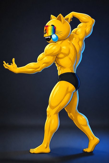 A 3D rendered image of a muscular, anthropomorphic yellow cat wearing black briefs and rainbow-colored sunglasses, posing with one arm raised.