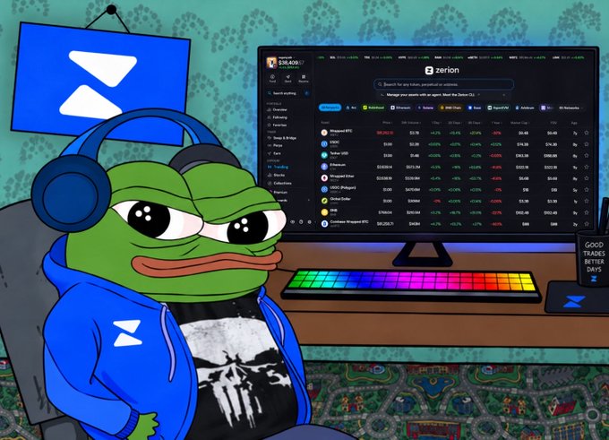 An animated Pepe frog wearing a blue hoodie and headphones sits in front of a monitor displaying the Zerion crypto portfolio dashboard (showing ~$30,428.71 across assets like ETH, BTC, SOL, and SUI), with a "GOOD TRADES BETTER DAYS" mug beside a Backpack wallet on the desk. The image captures the "locking in" weekend grind of monitoring crypto holdings, with Pepe's focused expression conveying dedication to watching the charts.