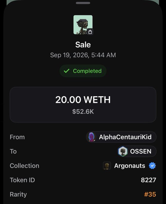 A mobile screenshot of a completed NFT sale for 20.00 WETH ($52.6K) from AlphaCentauriKid to OSSEN, for token #8227 of the Argonauts collection, rarity #35.