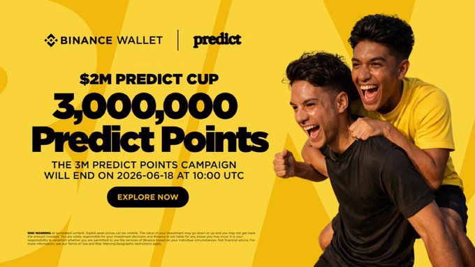 A Binance Wallet and Predict promotional banner offers a $2M Predict Cup giveaway of 3,000,000 Predict Points, ending on 2026-06-18 at 10:00 UTC, featuring two joyful young men in yellow and black celebrating—visually tying into the post's announcement of predictfun's major $2M Predict Cup World Cup Extravaganza milestone and deep Binance integration.