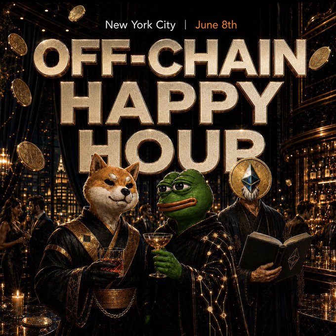 The image features a poster for an event called "Off-Chain Happy Hour" that takes place at New York City's Off-Chains bar. The poster includes three anthropomorphic animals, including a dog dressed as a king, a frog with a sword, and a man in a robe holding a book. There are also gold coins scattered around the scene, adding to the overall atmosphere of the event.
