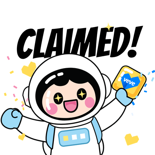 A cartoon astronaut character with sparkling eyes holds a smartphone displaying the 'veve' app logo, with 'CLAIMED!' written in large bold letters above.